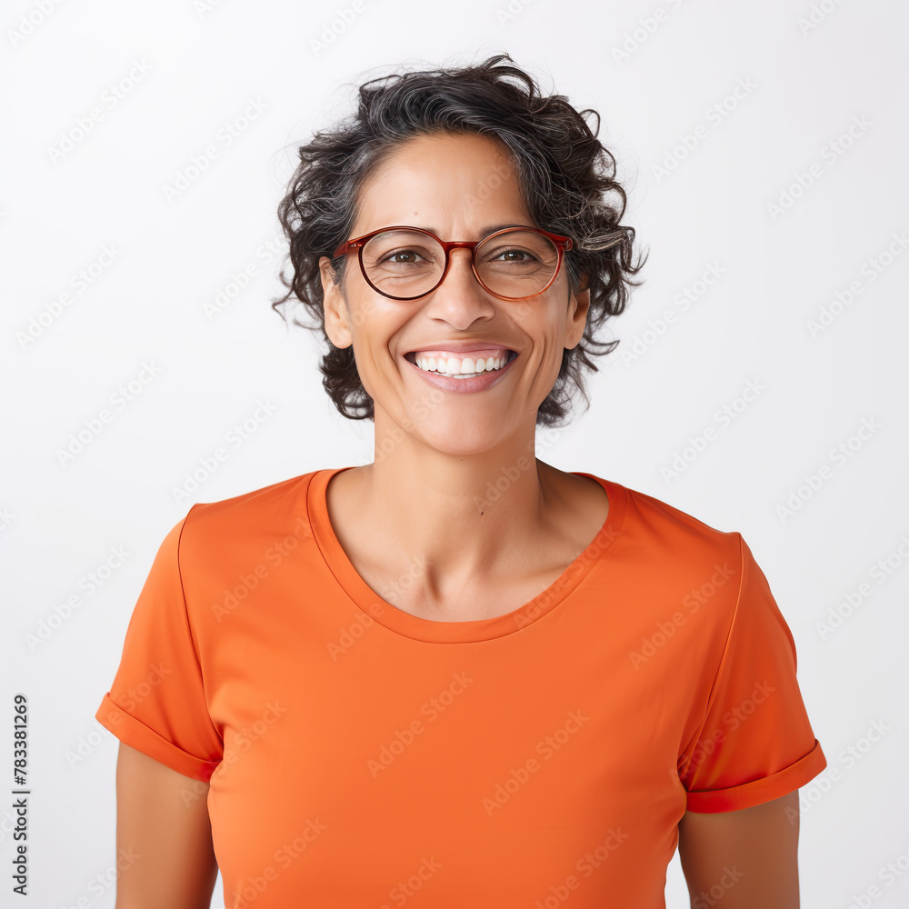 A woman wearing glasses and an orange shirt is smiling. She has a bright and happy expression on her face