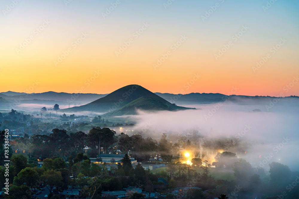 Sunset, sunrise over city, hill, clouds, fog, view, mountains, 