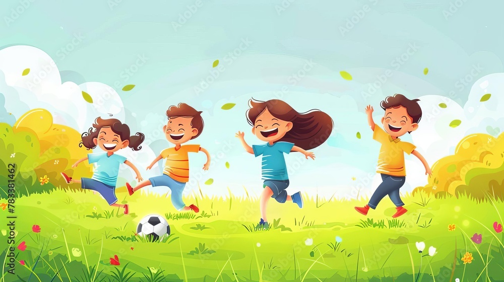 joyful children playing soccer on grassy field happy childhood sports illustration