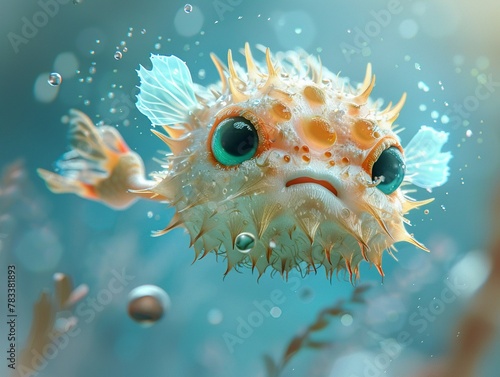 A pufferfish with angelic, soft features and a peaceful aura