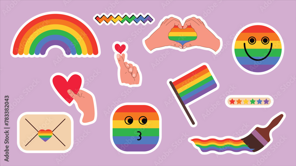 LGBT sticker pack. Sticker set, lgbtq pride, isolated symbols rainbow elements. Gay parade celebration.
