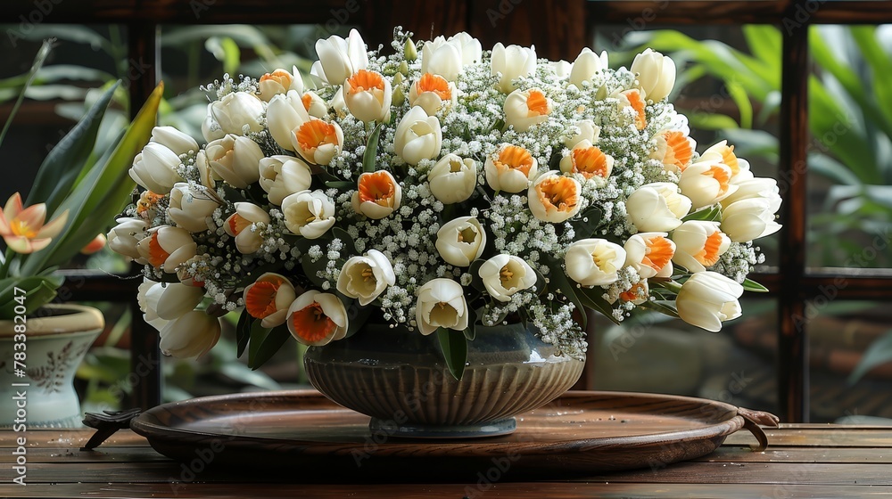   A white and orange tulip bouquet in a vase on a wood tray, positioned before a window