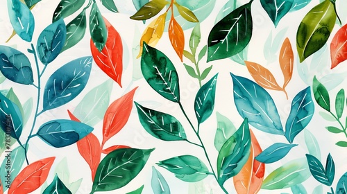 Vivid watercolor leaves pattern for fabric design. Tropical and botanical art concept. Hand-painted foliage in various colors on white background.