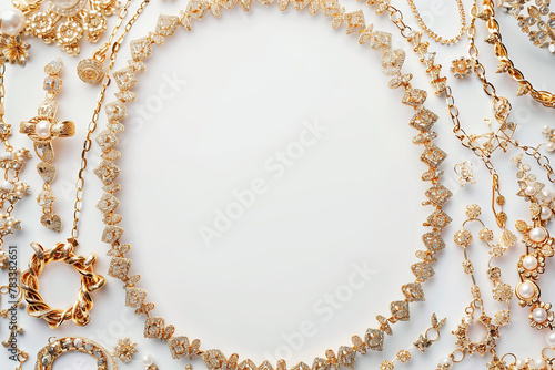 A collection of gold and diamond jewelry is displayed on a white background. The jewelry includes necklaces, bracelets, and earrings. Scene is luxurious and elegant, with the gold