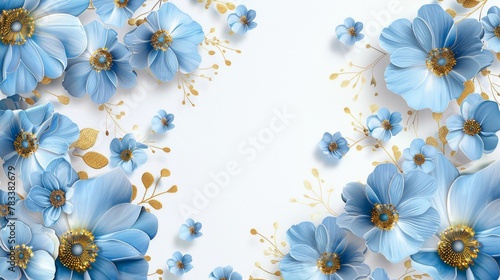 Delicate blue flowers with golden stamen details illustrated on a white backdrop. Floral pattern providing an elegant setting for event invitations.
