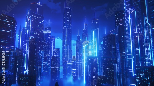 Futuristic cityscape with glowing neon lights and skyscrapers. Digital art concept with copy space. Cyberpunk and virtual reality city illustration. Sci-fi urban scene at night.