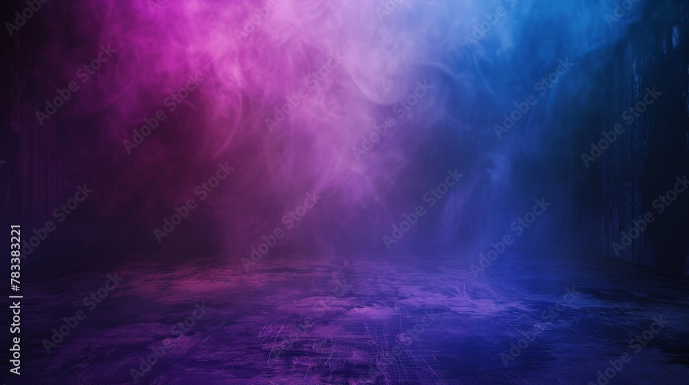 Ethereal purple and blue smoke swirling on a dark backdrop. Artistic representation of fog with vibrant colors and space for text.
