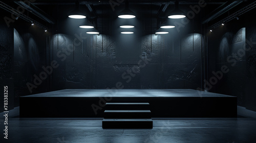 Modern dark stage with circular lights. Contemporary presentation platform with industrial ambiance. Empty performance space with atmospheric lighting.
