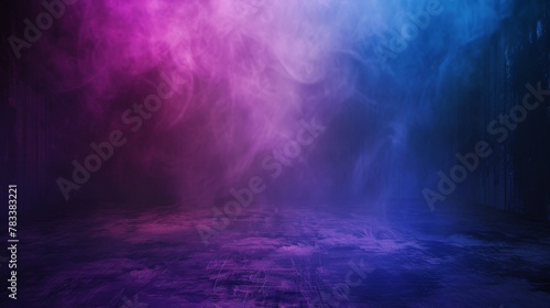 Ethereal purple and blue smoke swirling on a dark backdrop. Artistic representation of fog with vibrant colors and space for text.