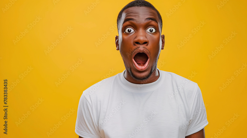 young shocked african american guy in white oversized t-shirt is surprised on yellow isolated background young shocked african american guy in white oversized t-shirt is surprised on yellow isolated background