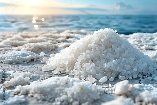 Sunlit Sea Salt Harvest - Nature's White Gold. Concept Seaside Landscapes, Salt Harvesting, Coastal Life, Nature Photography, Ocean Views photo