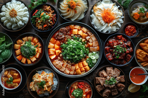variety of delicious asian dishes displayed on a dark wooden table, featuring spicy soup, noodles, dumplings, tofu, and meat