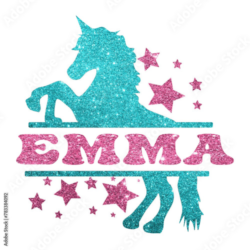 Emma - pink glitter - name written in a frame with light blue glitter Unicorn and stars - vector graphic - for cards, baby shower, prints, cricut, silhouette, sublimation