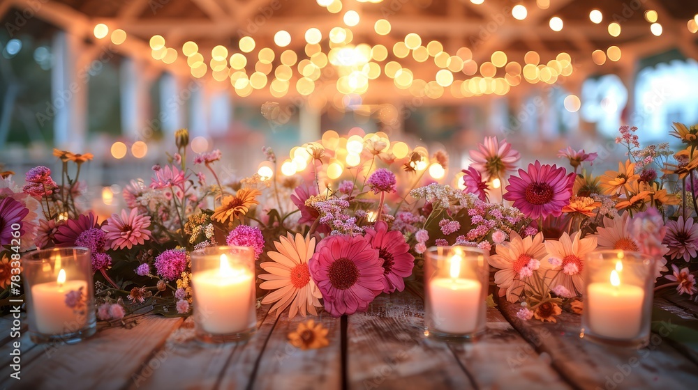   A tight shot of a table adorned with candles and flowers, situated in front of a window Behind the scene, a string of lights hangs in the backdrop - obrazy, fototapety, plakaty 