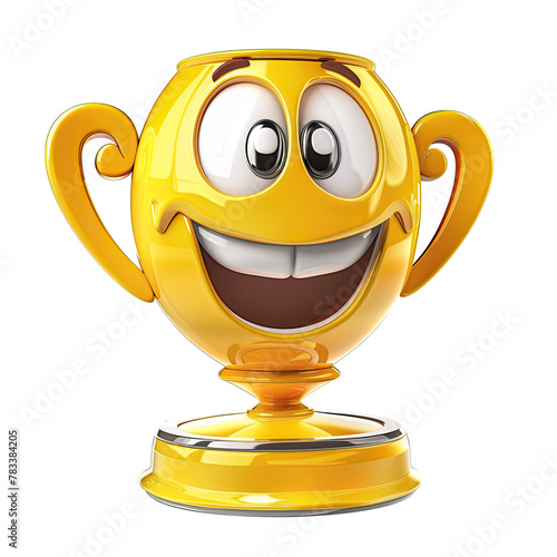 Close-up image of a trophy with a smiling face on it. A cartoon trophy isolated on a transparent background, tagged along.