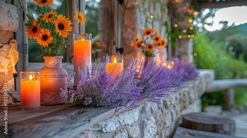   A window sill adorned with numerous candles, a bouquet of flowers, and vases brimming with orange and purple blooms © Olga