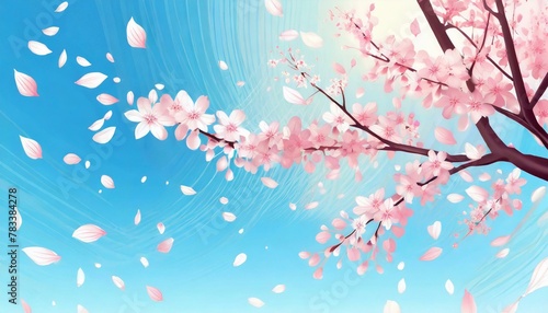 Beautiful cherry blossom petals dance magically and gently against the blue sky, and the sounds of spring blow through with a pleasant breeze.