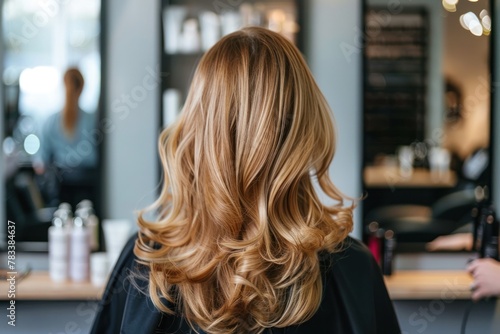 Young Blonde Woman With Beautiful Hairstyle Sits With Her Back in the Hair Salon