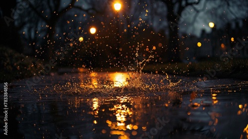 Raindrops splashing in a puddle in a park at night
