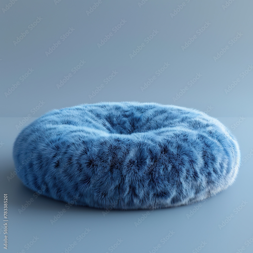 A blue fuzzy dog bed with a blue and white pattern. The bed is fluffy and has a round shape A blue fuzzy dog bed with a blue and white pattern. The bed is fluffy and has a round shape