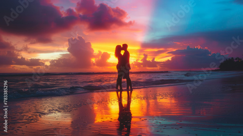 silhouette of a couple sharing a tender kiss under a rainbow-colored sunset on a beach