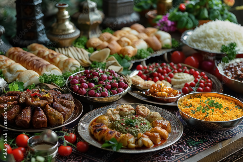 Fototapeta premium delicious spread of middle eastern cuisine with grilled meats, rice, and fresh vegetables on an ornate table setting