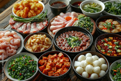 variety of delicious asian cuisine dishes displayed on a wooden table, including seafood, vegetables, soup, noodles, meatballs, tofu, and dumplings