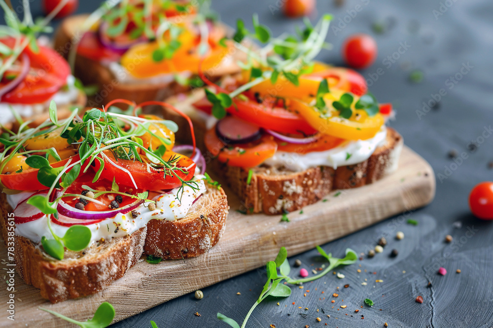 Organic toasts with microgreens and vegetables on the wood table. Sandwich with bruschetta, tomato, paprika. Healthy food, vegan food and dieting concept. Organic toasts with microgreens and vegetables on the wood table. Sandwich with bruschetta, tomato, paprika. Healthy food, vegan food and dieting concept.