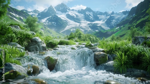 A mountain stream with a waterfall in the middle of it, AI