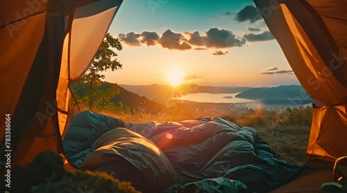 View of the serene landscape from inside a tent. Camping at campsite with sleeping bags. Stunning sunrise 4K Video