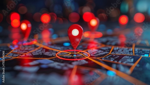 A city map with red pins or markers representing different locations, including the focal point in the center of which is an online business office location Generative AI
