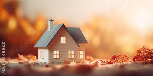 A small white house is sitting on a pile of leaves. The house is surrounded by trees and the leaves are scattered around it. The scene has a peaceful and serene atmosphere