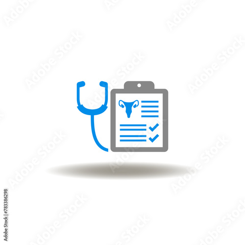 Vector illustration of clipboard with medical patient history, uterus and stethoscope. Icon of hormonal imbalance. Symbol of PMS Premenstrual Syndrome. Sign of feminine health testing.