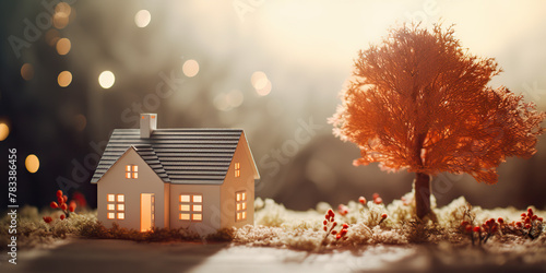 A small white house is surrounded by a tree and grass. The house is lit up, giving it a warm and inviting atmosphere. Concept of peace and tranquility