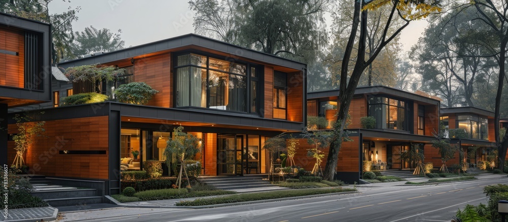 Obraz premium A row of modern wooden houses with large windows surrounded by greenery