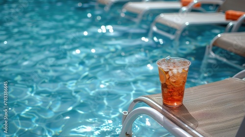 Drink on Wooden Table by Swimming Pool