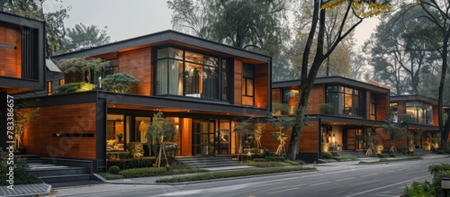 A row of modern wooden houses with large windows surrounded by greenery