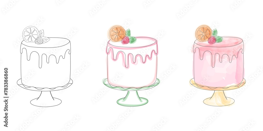Fototapeta premium The drawing features three cakes with distinct toppings, showcasing variety and creativity in dessert decoration. Each cake is uniquely adorned with toppings