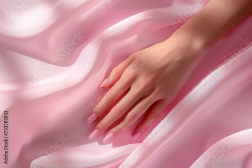 A hand with beautiful manicure is on a pink blanket