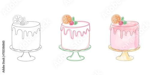 The drawing features three cakes with distinct toppings, showcasing variety and creativity in dessert decoration. Each cake is uniquely adorned with toppings