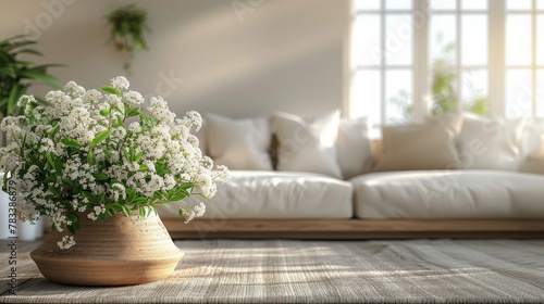 Vase of White Flowers on Table in Front of Couch