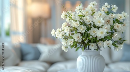 Vase of White Flowers on Table in Front of Couch
