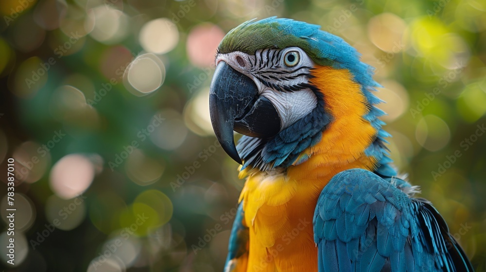 Fototapeta premium Blue and Yellow Parrot Perched on Tree