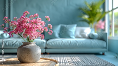 A Living Room With a Couch and a Vase of Flowers