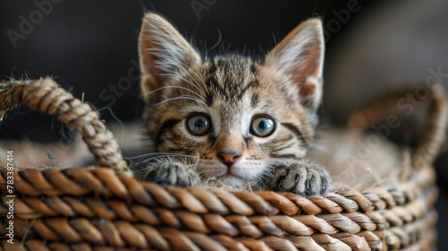 Small Kitten Sitting Inside of a Basket