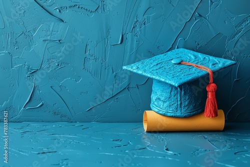 Blue Graduation Cap on Yellow Book. Generative AI © Lukasz Czajkowski