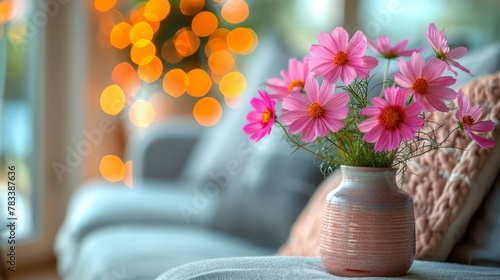 A Living Room With a Couch and a Vase of Flowers