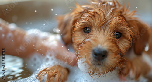 Brown Dog Taking a Bath in Bathtub