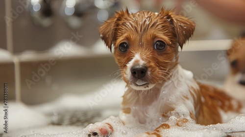 Brown Dog Taking a Bath in Bathtub