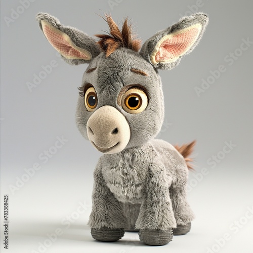A cute donkey plush toy on a white background emanating an aura of sweetness and innocence. Soft stuffed donkey with a friendly expression. © Vagner Castro